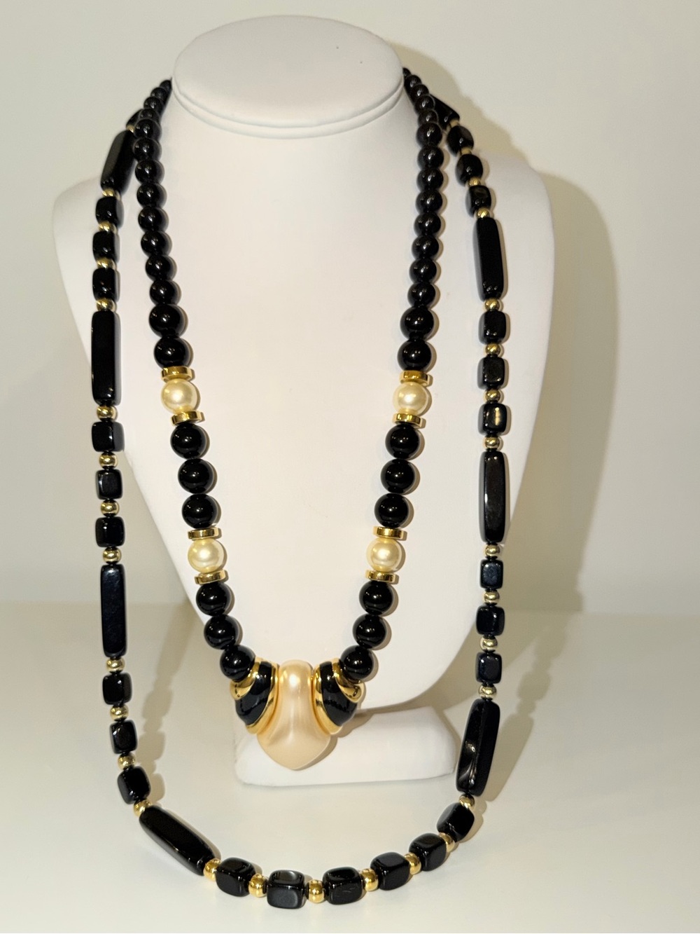 Two Vintage Signed Napier Black and Gold-Tone Beaded Statement Necklaces